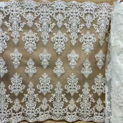 1 Yard Beaded & Corded Embroidered Bridal Lace Fabric, 52&rdquo; Wide Polyester Mesh Net Dark Ivory