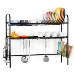 Stainless Steel 2-Tier Adjustable Dish Rack 304 Rust-Proof Kitchen Organizer with Removable Hanging Baskets, Water Tray & Non-Slip Feet Space-Saving Drying Rack for Utensils, Pots, Dishes