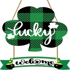 St Patricks Day Decorations St Patricks Day Wreath Front Door Decorations Buffalo Plaid Shamrock Wreath Wooden Lucky Welcome Sign Door Hanger for Wall Indoor Home Decor