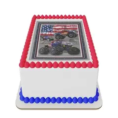 Trucks with US flag Edible Icing Sheet cake topper for 1/4 Sheet cake or larger