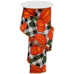 2.5" Leaves Pumpkin on Check Ribbon: Cream (10 Yards)