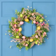 Northlight Glittered Eggs, Hibiscus and Berries Artificial Easter Twig Wreath - 20" - Pink and Green