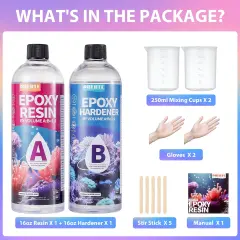 32OZ Epoxy Resin, Crystal Clear, No Yellowing & No Bubbles, Self-Leveling Coating & Casting Resin for Table Tops, Molds, DIY Projects &ndash; 1:1 Ratio (16OZ x 2)