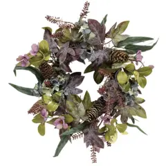 Blue-Purple Hydrangea Wreath with Rustic Twig Base and Pine Cones