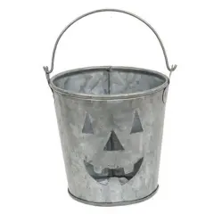 4&rdquo; Metal Pumpkin Bucket with Jack-O-Lantern Cutout Halloween Candle Holder or Candy Pail Galvanized