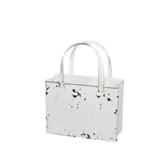 Distressed White Metal Tote Bag &ndash; Rustic Farmhouse Container for Floral Arrangements & Holiday Decor-M10827