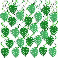 64 Pcs Hawaiian Luau Party Palm Leaves Swirl Party Decorations Hanging Ceiling Glitter Leaves Green Tropical Safari Jungle Party Decor for Easter Palm Sunday Summer Beach Birthday Baby Shower
