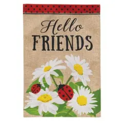 Hello Friends Daisies And Ladybugs Burlap Garden Flag