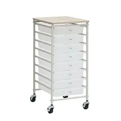 Wooden Top Compact Rolling Storage 8 Drawers Organizer Mobile Utility Cart White