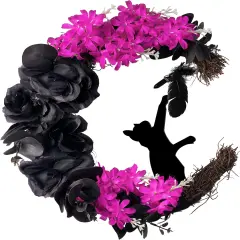 Halloween Wreath Black Moon Wreath with Black Cat