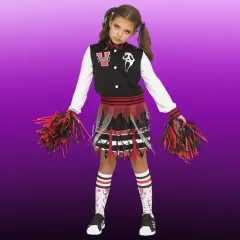 Kids Ghost Face Cheer Squad Halloween Costume &ndash; Varsity Dress with Pom Poms & Blood-Spattered Socks