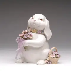 Springtime Bunnies: Easter Bunny Rabbit Holding a Flower Bouquet Music Box Playing "What A Wonderful World", Spring decor