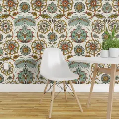 Pre-Pasted Wallpaper 2FT Wide Botanical Damask Ivory Mint Mustard Gold Ornate Bohemian Boho Refined Floral Moroccan Hand Drawn Custom Pre-pasted Wallpaper by Spoonflower