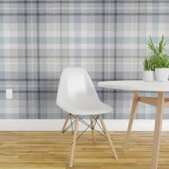 Peel & Stick Wallpaper 2FT Wide Blue Gray Plaid Neutral Classic Geometric Calm Check Traditional Large Scale Custom Removable Wallpaper by Spoonflower
