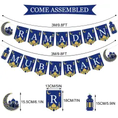 Ramadan Mubarak Banner Muslim Ramadan Mubarak Bunting Banner Garland with Lantern Moon Castle Sign Eid Mubarak Festival Celebration Party Decorations for Mantle Fireplace Wall Party Supplies