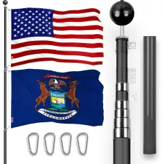 G128 Combo Pack: 20 Ft Telescoping Aluminum Flagpole (Black) & American and Michigan Flags 3x5 Ft, Both ToughWeave Series Embroidered Polyester | Pole with Flags Included