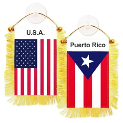 G128 Combo Pack: American USA & Puerto Rico Fringy Flag Double Sided 3x5 In | Both Fringy Hanging Flag with Suction Cup