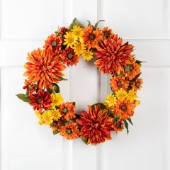 Northlight Mums and Daisies Twig Artificial Floral Wreath - Orange - 22"