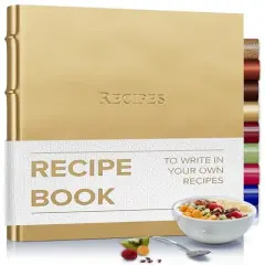 Gallery Leather Recipe book to write your own recipes - 3 Ring Recipe Binder With Protective Plastic Sleeves, Blank Cards, 25 Pocket Pages and Ivory Cards, Refillable - 9.25 x 8 " Frprt Met Gold