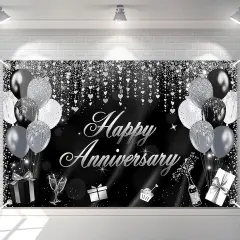70.8 x 43.3 Inch (Black and Silver)Banner Glitter Happy Anniversary Decorations