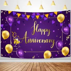 Happy Anniversary Backdrop Banner Decor Purple Gold