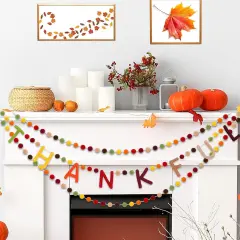 3Pcs Fall Felt Banner 3D Thankful Banner Felt Pom Pom Balls