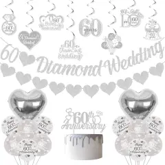 60th Diamond Wedding Anniversary Decorations, Glitter Banner, Cake Topper