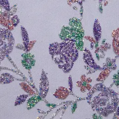 1 Yard Tulle Lace Fabric with Multicolor Glitter Floral Design, 58&Prime; Wide Purple