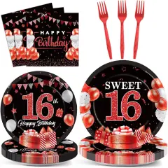 96Pcs 16th Birthday Decorations for Girls Boys Red Silver Sweet 16 Birthday Party Decorations