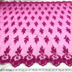 1 Yard Beaded Corded Lace Fabric Embroidered Elegant Mesh Bridal Gown 53" Width Fuchsia