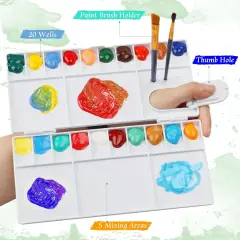 Paint Palette with 20-Well and 5 Mixing Areas, Folding Paint Tray with Thumbhole and Paint Brush Holder, Plastic Painting Palette