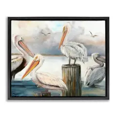 Stupell Industries Pelicans Perched Cloudy Horizon Framed Floater Canvas Wall Art Black Floater Frame