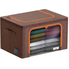 Sorbus 1 Pack Storage Bin with Metal Frame, Stackable Clothes Organizer Bag with Window & Handles, Organization for Bedding Linen & Clothing Brown