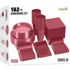 Exquisite 182 Pcs Plastic Plates for Party &ndash; Disposable Plates Set &ndash; 26 Each of 9" Dinner Plates, 7" Dessert Plates, Plastic Cups, Napkins & Plastic Cutlery &ndash; Plastic Dinnerware by Party Solids Burgundy