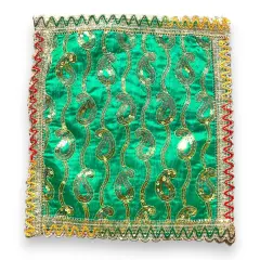 Cloth Pooja Mat Aasan Decorative Silk Mix Fabric Cloth for God Goddess Idol Puja Asan Mandir Temple Home Office Decor Base Chowki Asana Indian Festival Diwali Decoration - Housewarming Gift Green