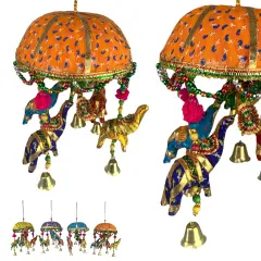 Elephant Umbrella Door Hanging Rajasthani Wall Window Feng Shui Hanging Handicraft Traditional Ethnic Latkan Toran with Tokri for Home Office Decor Decorative Ornament Party Decor Orange