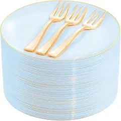 200Pcs Blue Gold Cake Plates with Plastic Forks - Serves 100 Guests