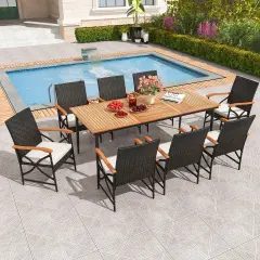 9-Piece Outdoor Dining Set with Acacia Wood Table and Off-White Cushions PE Rattan Chairs Umbrella Hole