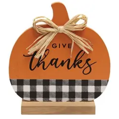 Buffalo Check Pumpkin Wooden Sitter for Mantel or Shelf Decor Give Thanks