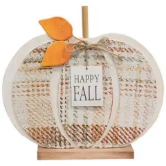 Decorative Wooden Pumpkin with Cozy Plaid and "Happy Fall" Tag, White and Orange Fall Decor