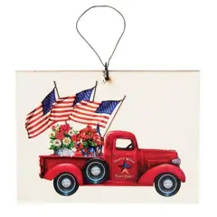 Flower Market Truck Ornament Lightweight White Wood with Vintage Red Pickup & American Flags