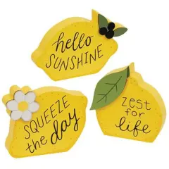 Set of 3 Wooden Lemon Shaped Sitters with Inspirational Sayings &ndash; Hand Painted Yellow Summer D&eacute;cor