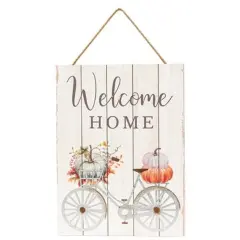 Rustic Welcome Home Sign with Pumpkin Bicycle Cut-Out Design and Slatted Wall Decor for Entryway Porch