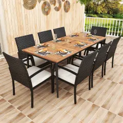 Outdoor 9-Piece Rattan Dining Set with Large Acacia Wood Table and Cushioned Chairs Umbrella Hole