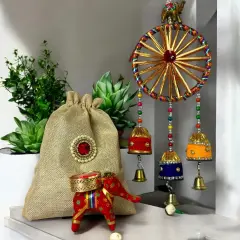 Diwali Gift Hamper Indian Festival Jute Potli Bag with Wind Chime Hanging Elephant Candle Holder Navratri Thanksgiving Christmas Hampers for Employees Friends Relatives - Return Gift Items