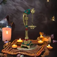 Brass Parrot Wall Hanging Diya with Chain Annam Hanging Idol Oil Lamp Diya for Home Temple Mandir Office Diwali Decor Kathu Vilakku Puja Diya - Deepawali Housewarming Return Gift