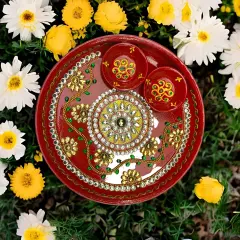 6 Inch Rhinestone Pooja Aarti Thali with Bowls Meenakari Work Red Painted Handmade Platter Haldi Kumkum Thali Ganesha Chaturthi Teej Diwali Puja Thali Housewarming Gift