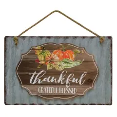 Rustic Thankful Grateful Blessed Wall Sign with Corrugated Metal and Wooden Fall Harvest Design