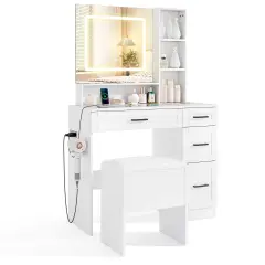 Costway 35.5" Makeup Table Set Vanity Desk with Mirror and Lights 2 Open Shelves Glass Top
