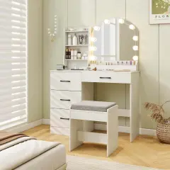 Costway Vanity Set with Mirror and Lights Dressing Table and Chair 4 Drawers 3 Open Shelves Black/White